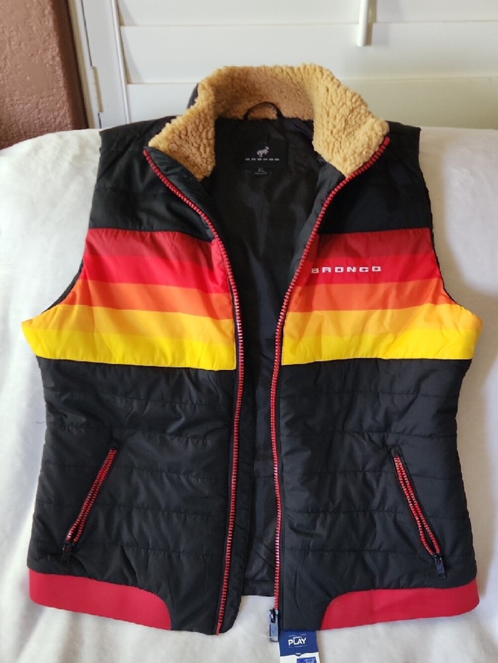 Official Ford Black Puffer Vest with Red, Orange & Yellow Stripes - Picture 4 of 8